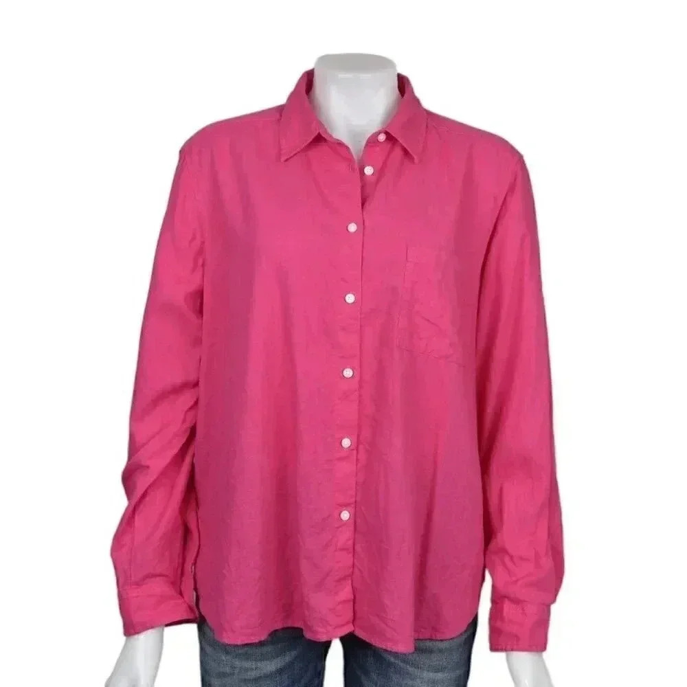 LOFT Linen Blend Button Down Blouse Barbiecore Long Sleeve Size Large